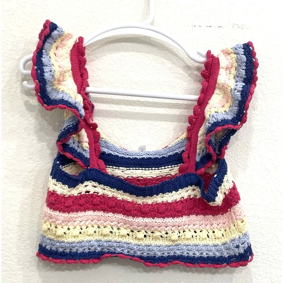 SHEIN Tops - Crochet‎ Crop Top Women's Small Multicolor Ruffle Sleeve Striped Knit